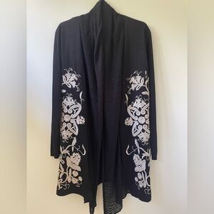 Long Wool Cardigan with Floral Embroidery and Lace